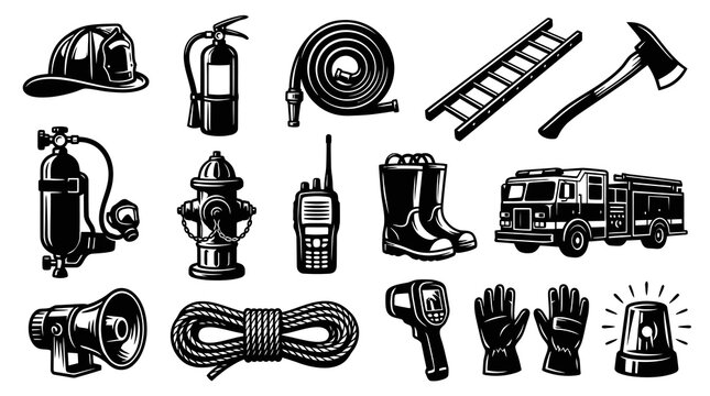 Firefighter Equipment Vector Icons Set: Helmet, Extinguisher, Truck, Boots, and Tools in Black and White Line Art