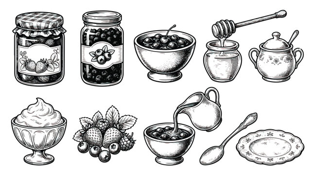 Vintage hand drawn breakfast set, engraved berry jam jars and honey pot vectors, rustic kitchen food illustrations for menu design