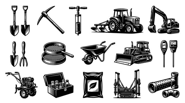 Black and White Line Art of Agricultural and Gardening Equipment