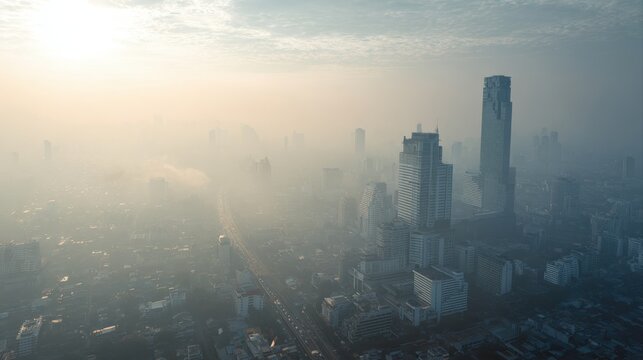 Beautiful downtown skyscraper in Bangkok city with smog and very poor air quality. High risk of PM 2.5 air pollution which unhealthy and serious health effects