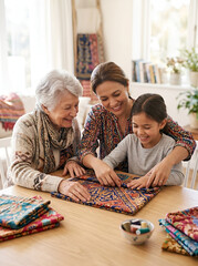 Fototapeta premium Three Generations Women Folding Fabric Together