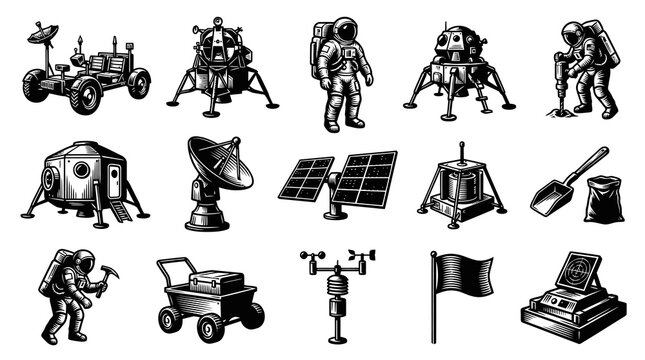 Black and White Vintage Engraving Set of Space Exploration Equipment and Astronauts Icons