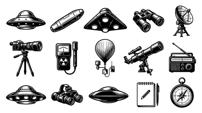 Monochrome Ufology, Sci-Fi and Paranormal Investigation Icons: UFOs, Telescope, Geiger Counter Line Art