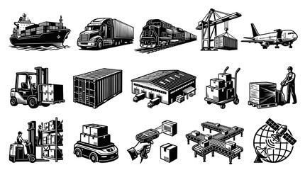 Obraz premium Logistics and Transportation Icons: Ship, Truck, Train, Crane, Plane, Forklift, Warehouse