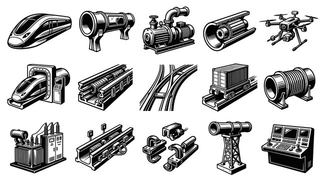 Black and White Line Art Vector Icons of Transportation and Industrial Equipment