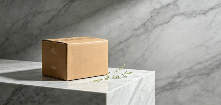 Minimalist brown cardboard shipping box on a marble surface,  Ideal for online shopping, logistics, and product presentation visuals.