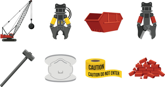 Professional demolition and construction waste removal icon set featuring wrecking ball crane skip bin and safety equipment