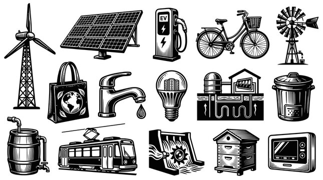 Black and White Line Art Icons: Renewable Energy  Sustainable Living