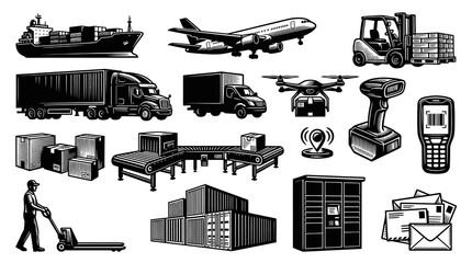 Obraz premium Black and White Line Art Logistics Icons: Shipping, Delivery, and Storage