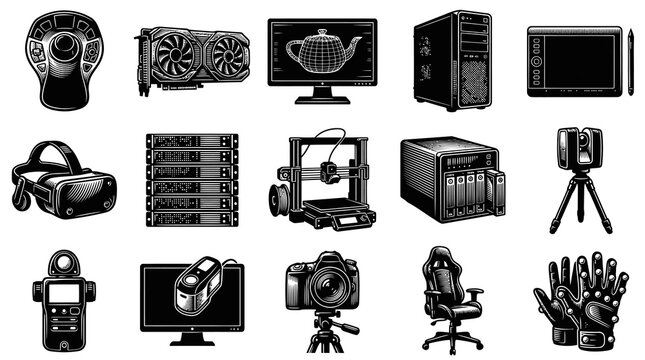 Technology Icons: 3D Printer, VR Headset, PC, GPU, Camera, Gloves, Chair