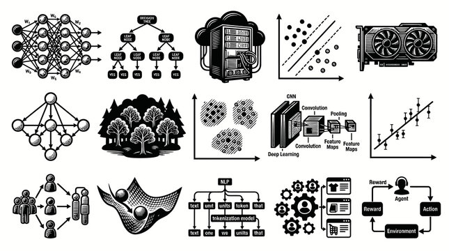 Technology  AI Icons: Neural Network, Decision Tree, Server, GPU, ML Concepts