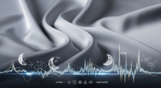 Conceptual Sleep Architecture Hypnogram and REM Cycle Tracking on Light Gray Silk Background