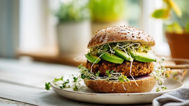 Healthy vegan burger with plant based patty, avocado slices, and sprouts on a multigrain bun