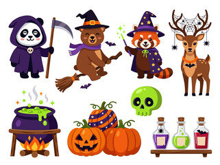 Obraz premium Cute Halloween Animal Characters Vector Set: Panda Reaper, Bear Witch, and Spooky Festive Elements