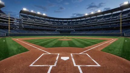 Fototapeta premium Empty baseball stadium field at dusk with bright stadium lights