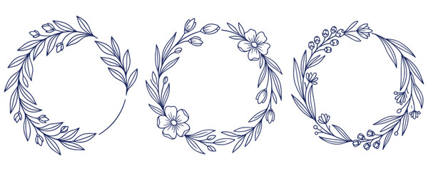 Fototapeta premium Set of elegant outline floral wreaths for design.