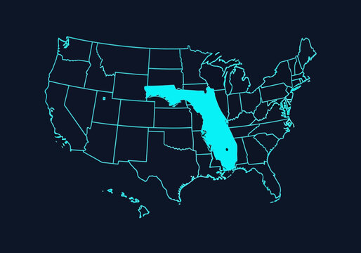 USA Map with Florida State Highlighted in Cyan Digital Neon Style