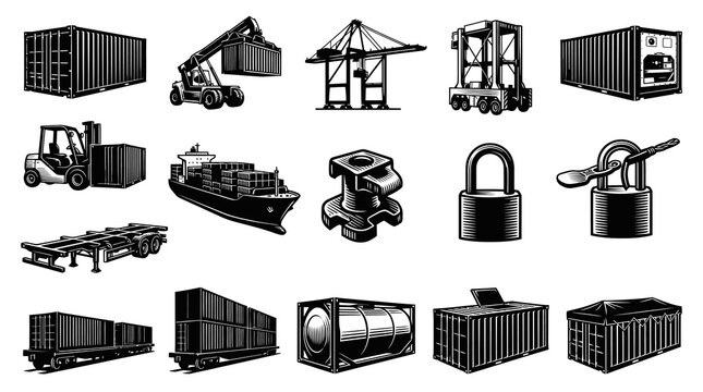 Logistics and Shipping Industry Icons Set: Containers, Cranes, Ships, Locks in Vintage Engraving Style