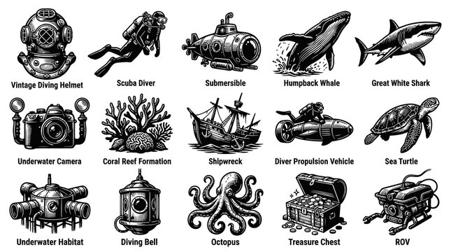 Underwater Diving and Marine Life Icons Set in Black and White Line Art Engraving Style
