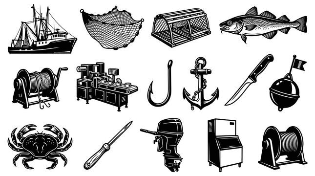 Black and White Vector Icons of Fishing Equipment and Seafood Industry Objects