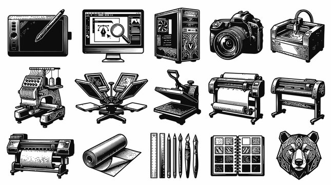 Creative Industry  Printing Equipment. Engraved Black  White Vector Illustration Set for Graphic Design Tools.