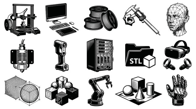3D Printing Technology Icons: 3D Printer, Scanner, VR, Robot Arm, Wireframe Head