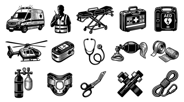 Emergency Medical Services and Rescue Equipment Icons in Vintage Engraved Black  White Line Art Style