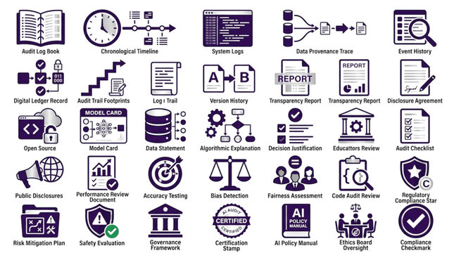 Set of AI Governance and Compliance Icons for Data Auditing Security and Ethical Software Development Reporting and Documentation