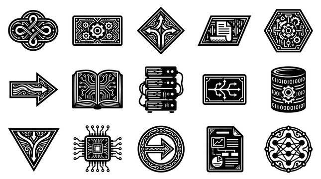 Black and White Technology Icons: CPU, Servers, Data, Book, Arrows, Gears, Network