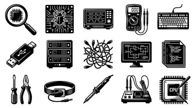 Technology Vector Icons: Electronics, Computer Hardware, Tools, Circuit Board, CPU, Magnifier