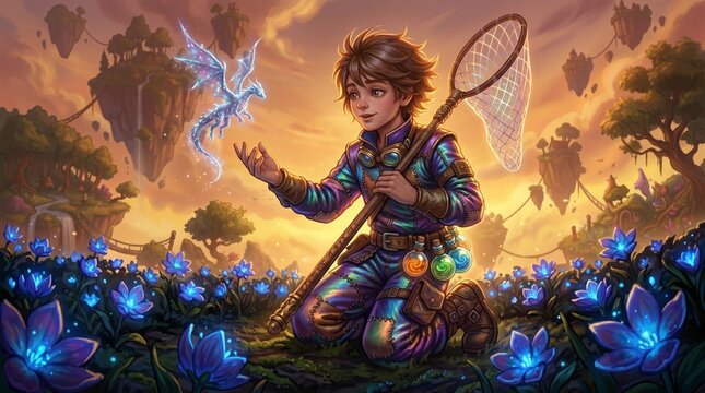 Adventurer kneels in a glowing field to capture a small ethereal dragon using a handheld net.