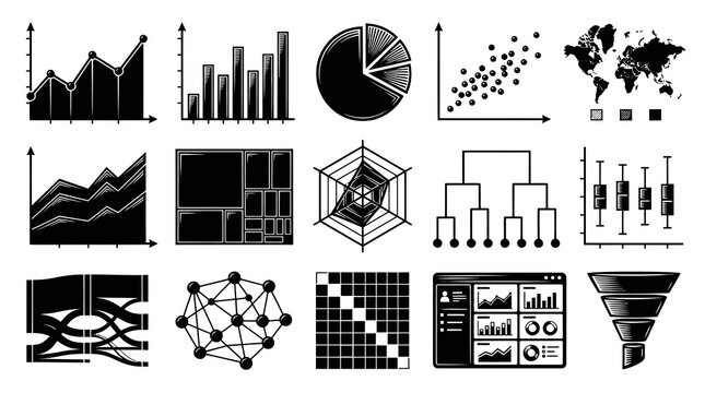 Black  White Glyph Vector Icons for Data Analytics. Business Intelligence Charts and Graphs Set.