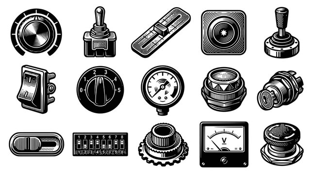 Vintage Control Knobs, Switches, and Gauges Black and White Line Art