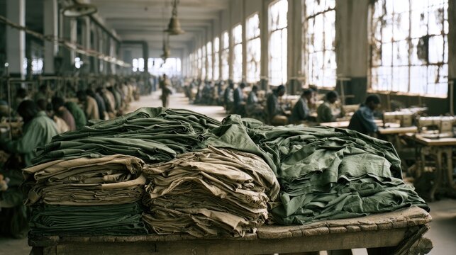 Rows of workers and stacked textiles in a dimly lit, large-scale textile manufacturing facility