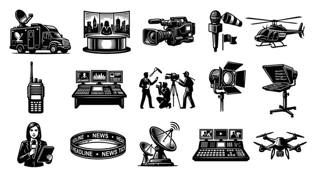 News and Media Equipment Icons: Black and White Vector Art
