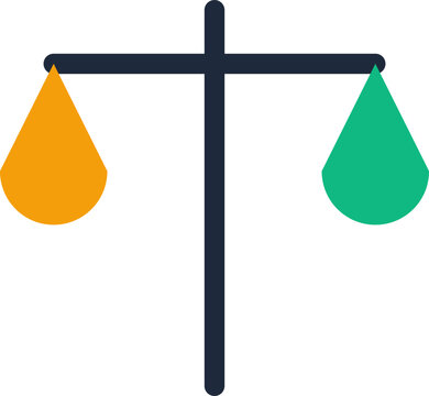 A minimalist flat icon of a balanced scale with orange and green teardrop shapes illustration