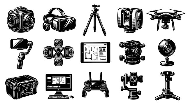3D Scanning, Virtual Tour  Photogrammetry Technology Equipment Icons Set, Vintage Engraving Style