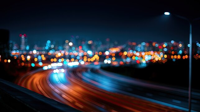 Streaking lights blur across a nighttime highway with a bokeh city skyline