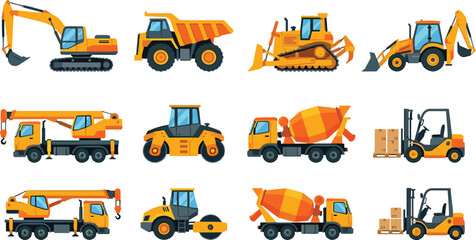 Professional heavy machinery and construction vehicles vector icon set featuring excavator crane dump truck and industrial forklift © SreeRupali