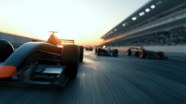 Open-wheel race cars speed down track at sunset, crowd watches
