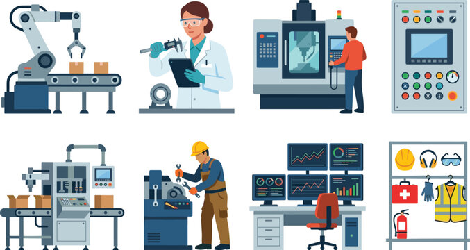 Professional industrial manufacturing set featuring smart factory automation engineers robotic machinery and warehouse safety equipment illustrations