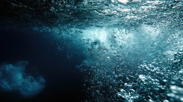 Underwater scene with turbulent water, bubbles rising towards light