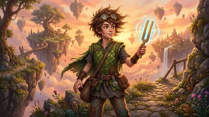 Fototapeta premium Adventurer holding a glowing tuning fork stands on a stone path in a mystical floating world.