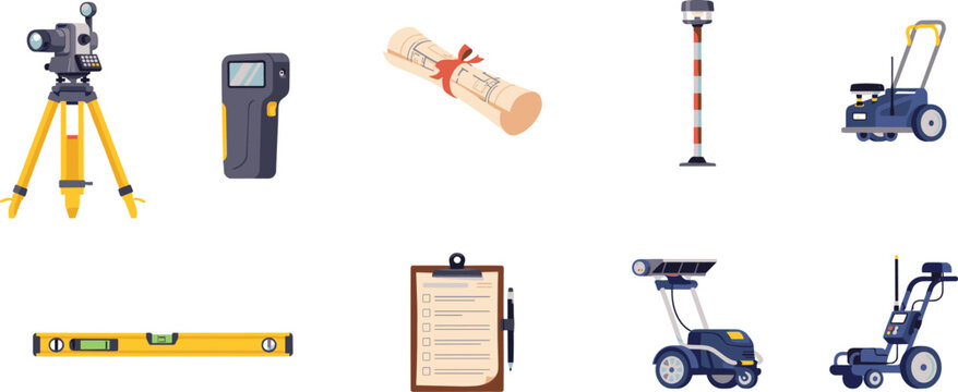 Professional Land Surveying and Civil Engineering Construction Planning Equipment Flat Vector Icon Set on White Background