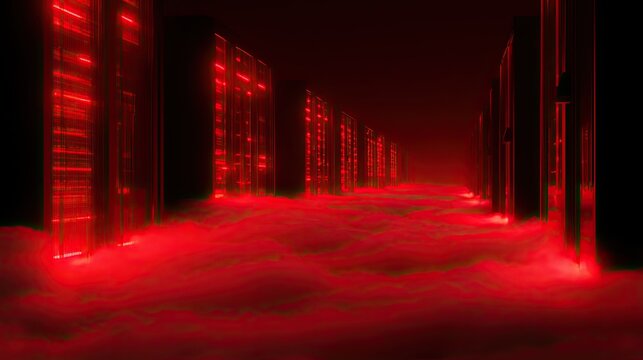 Rows of server racks glowing with red light, shrouded in red fog