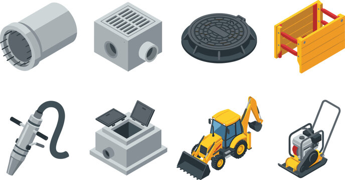 Professional Isometric Underground Utility and Construction Equipment Vector Icon Set for Infrastructure and Drainage Projects