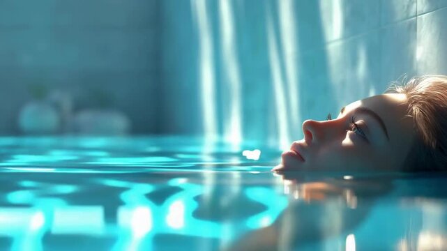 Woman floating face up in clear blue swimming pool water, 