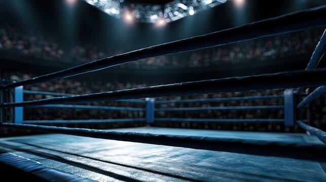 Empty boxing ring at night, under stadium lights, with blurred crowd