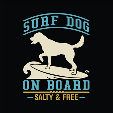 Surf Dog on Board Vintage T-Shirt Design. Vector Silhouette of Dog Surfing on Wave Retro Illustration