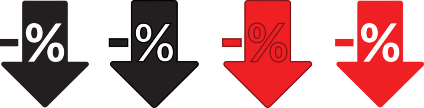 Set of Downward Arrows with Percentage and Minus Signs Representing Price Drop, Discount, and Financial Decrease in Black and Red